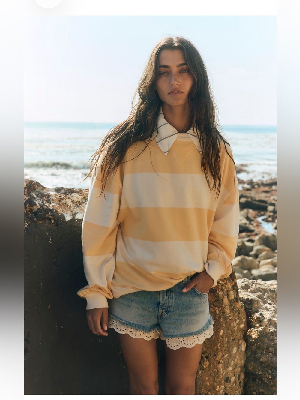Free People NWT Classic Striped Oversized Crewneck Size Medium in Apricot Combo